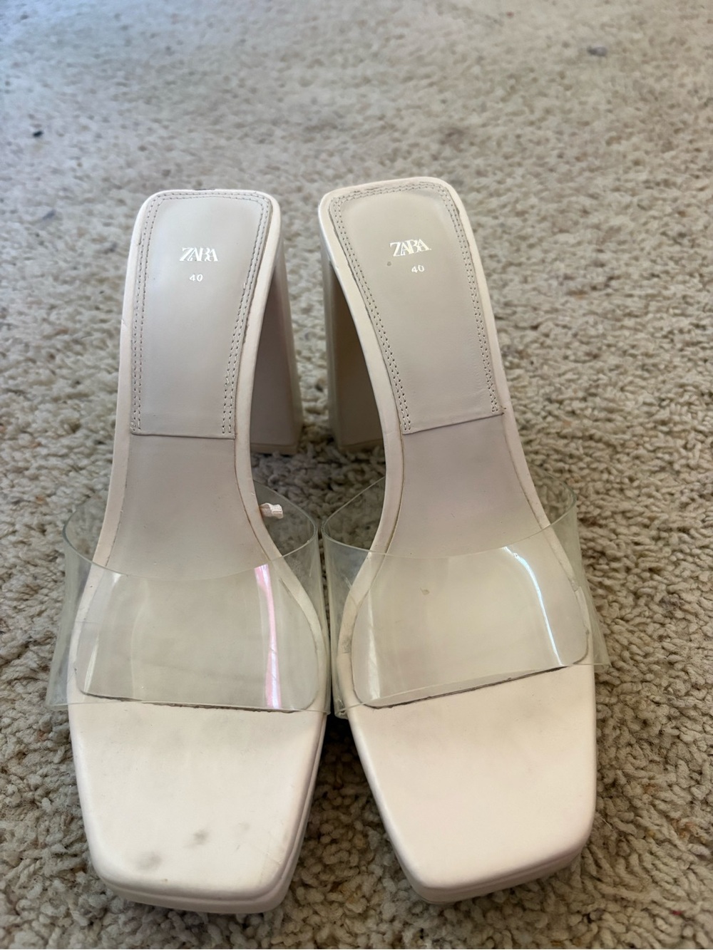 Zara White Block Heel Mules with Clear Strap